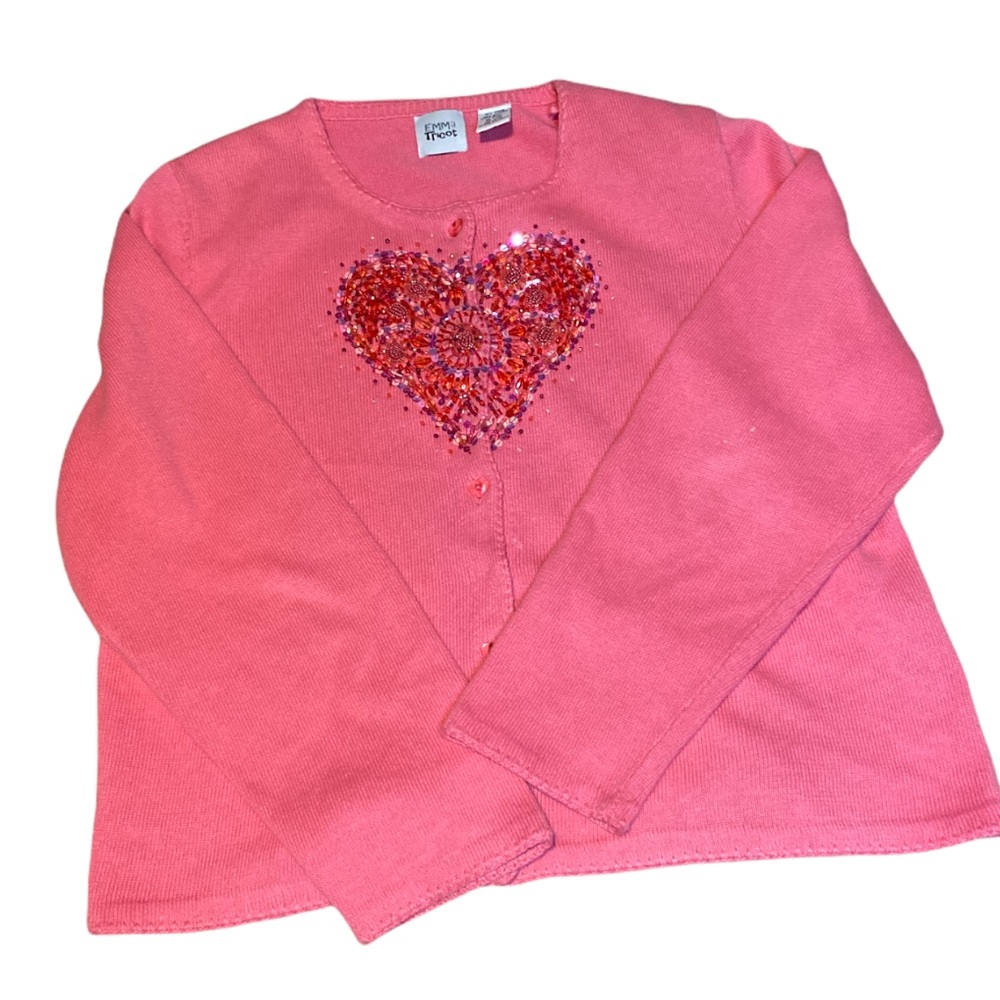 Emma Tricot Beaded Heart Pink Cardigan Sweater Coquette Romantic Cottagecore L - Picture 2 of 8